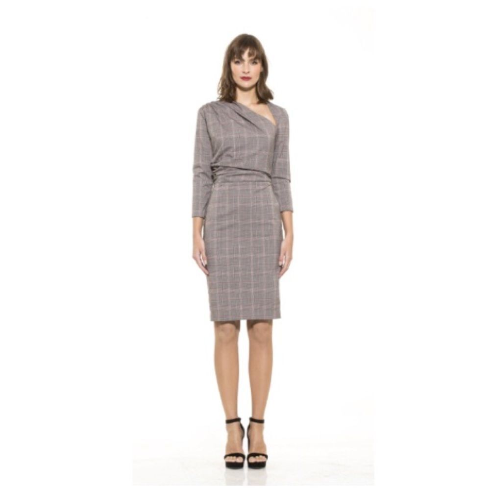 3/4 Sleeve Slanted Neck Sheath Plaid Dress